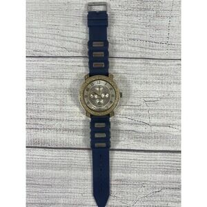 VTG Techno King Quartz Watch Blue Silicone Band Rhinestone Bezel For Parts